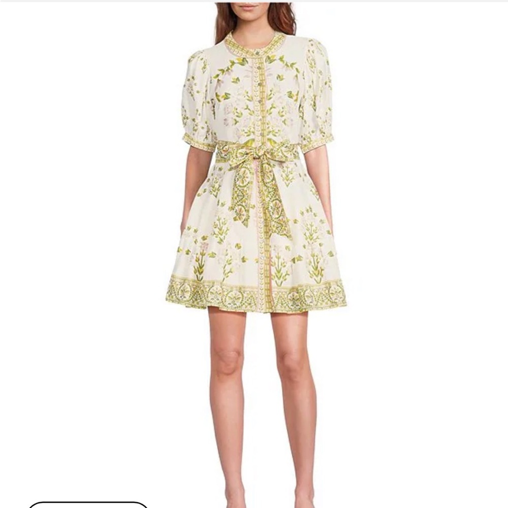 White Mini Dress with Green Floral Trim and Tie Waist